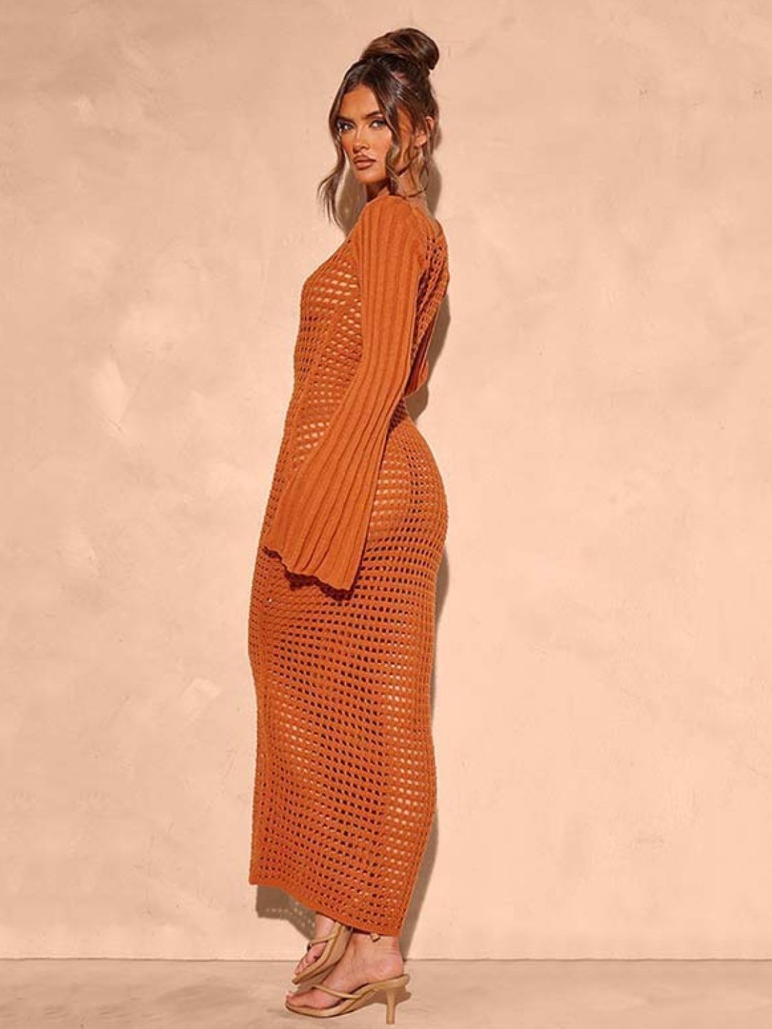 Openwork Square Neck Flare Sleeve Cover-Up Dress terracotta back view