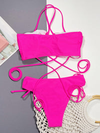 Halter Drawstring Detail Bikini Set pink back view