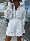Lace Button Detail Long Sleeve Top and Shorts Set front view