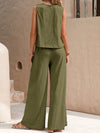 Light-weight Top and Wide Leg Pants Set green back view styled