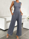 Ribbed Sleeveless Wide Leg Jumpsuit grey front view styled