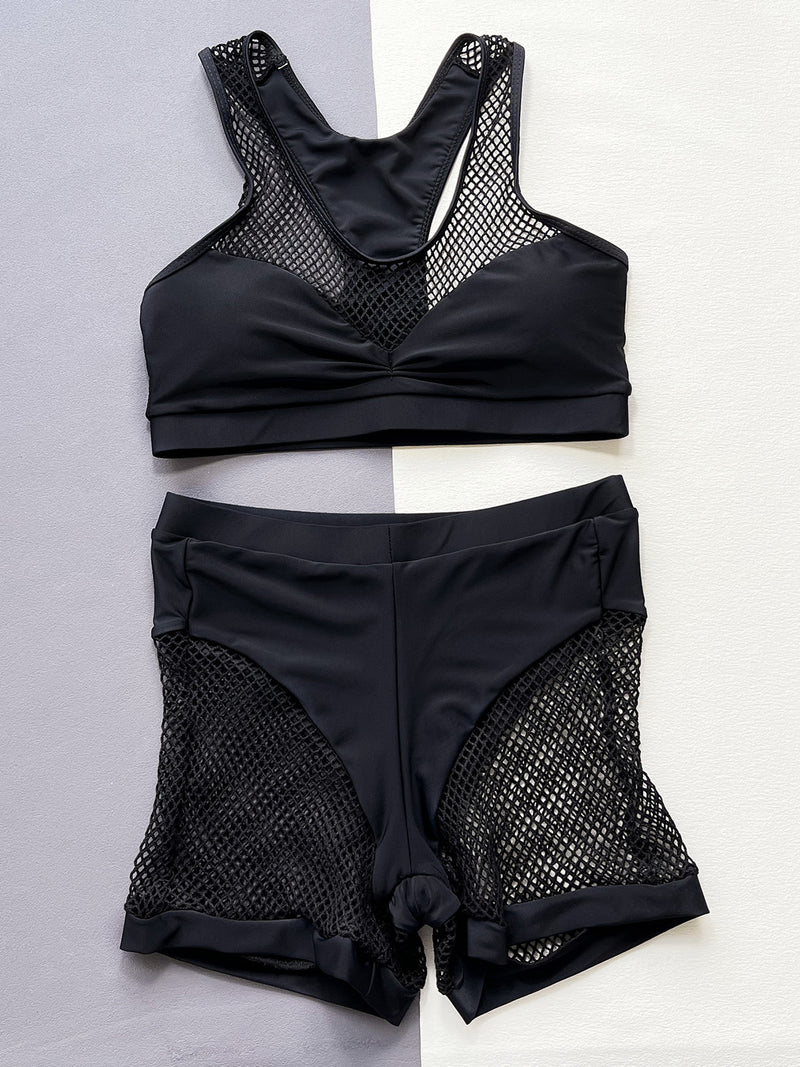 Openwork Sports Top and Shorts Swim Set front view mesh