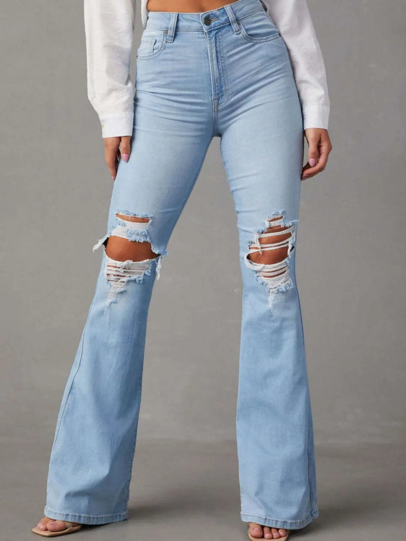 High Waist Boot-cut Distressed Jeans front view styled