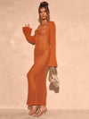 Openwork Square Neck Flare Sleeve Cover-Up Dress terracotta styled