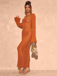 Openwork Square Neck Flare Sleeve Cover-Up Dress terracotta styled