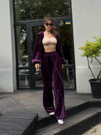 purple Hooded Jacket and Pants Lounge Set front view