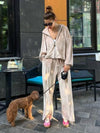 tan Hooded Jacket and Pants Lounge Set front view