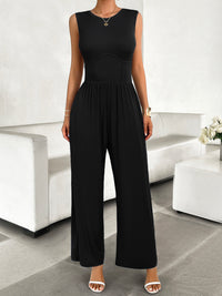 Ribbed Sleeveless Wide Leg Jumpsuit black front model 