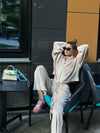 tan Hooded Jacket and Pants Lounge Set front view pants detail