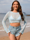 Openwork Long Sleeve Cover-Up blue front view