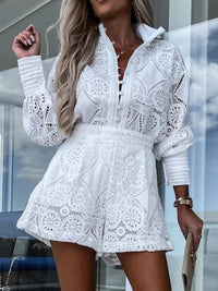 Lace Button Detail Long Sleeve Top and Shorts Set front view styled button collar 