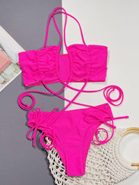 Halter Drawstring Detail Bikini Set pink front view detail flat