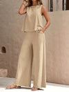 Light-weight Top and Wide Leg Pants Set beige front view pocket