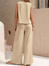 Light-weight Top and Wide Leg Pants Set beige back view styled