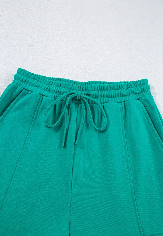 Long Sleeve Top and Drawstring Pants Lounge Set teal front view waist tie closure
