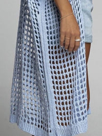 Waffle Kint Open Front Three-Quarter Sleeve Cover Up blue front side view