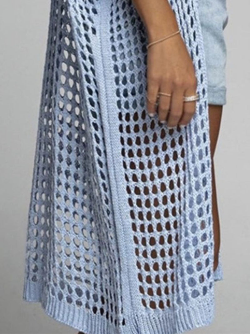Waffle Kint Open Front Three-Quarter Sleeve Cover Up blue front side view