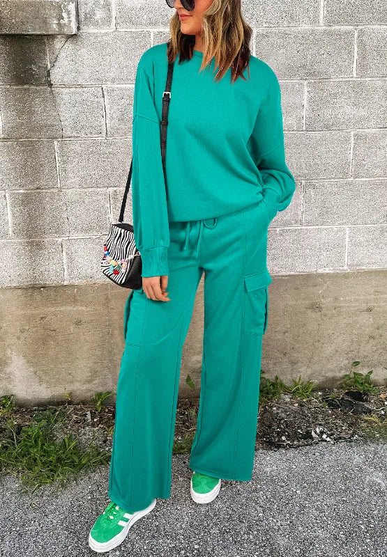 Long Sleeve Top and Drawstring Pants Lounge Set teal front view