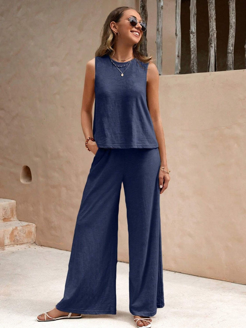 Light-weight Top and Wide Leg Pants Set blue front view