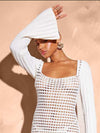 Openwork Square Neck Flare Sleeve Cover-Up Dress white detailed top view