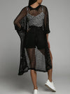 Waffle Kint Open Front Three-Quarter Sleeve Cover Up black front view