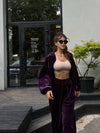 purple Hooded Jacket and Pants Lounge Set front view styled with sports bra