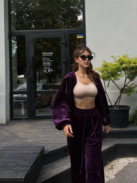 purple Hooded Jacket and Pants Lounge Set front view styled with sports bra