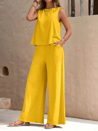 Light-weight Top and Wide Leg Pants Set yellow front view
