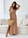 Tied Shoulder Slit Maxi Dress tan front view