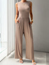 Ribbed Sleeveless Wide Leg Jumpsuit mocha front pocket view 