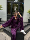 purple Hooded Jacket and Pants Lounge Set front view leg detail