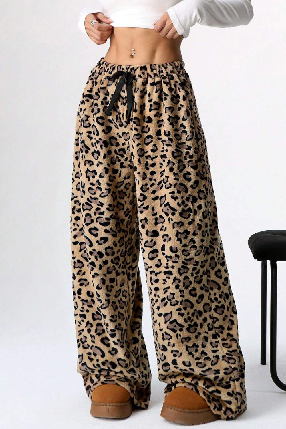 Leopard Wide Leg Pants front view tie closure