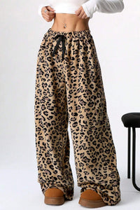 Leopard Wide Leg Pants front view tie closure