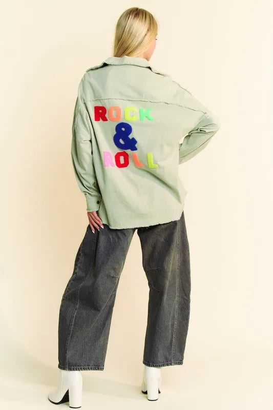 Multi Color Rock & Roll Fringed Hem Loose Fit Shacket back view styled